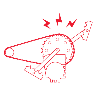 Illustration of chains and gears with red lightning bolts.