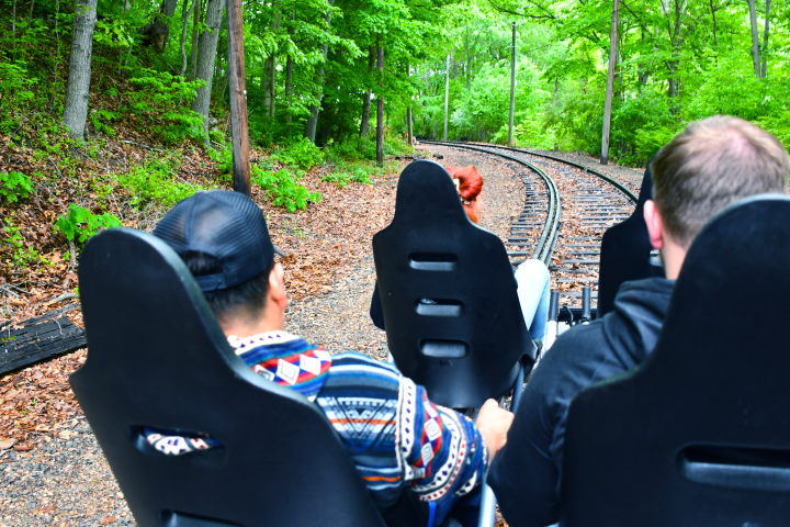 People on pedal cars riding along a forested railway track.