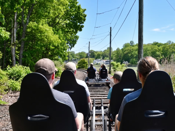 People riding rail bikes on a track through a green landscape.