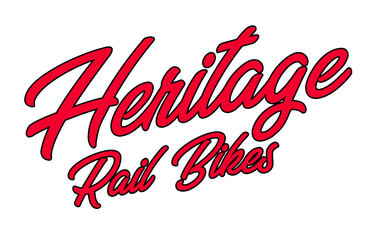 Logo with red script text reading 'Heritage Rail Bikes'.
