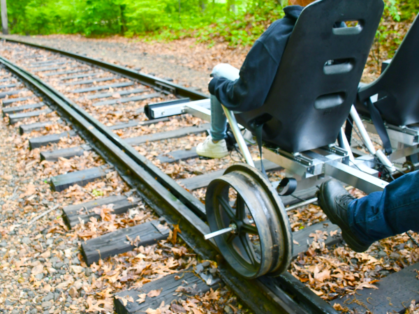 Two people on a pedal-powered rail vehicle on train tracks in a forest.