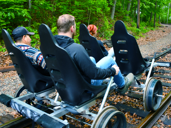 People riding a railbike on train tracks through a forested area.