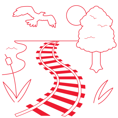 Red outline of railroad, bird, tree, sun, and plants.