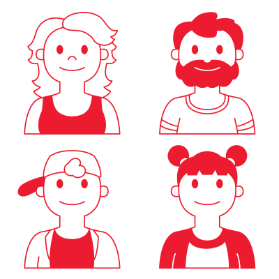 Four cartoon characters, two male and two female, in red outlines on a white background.