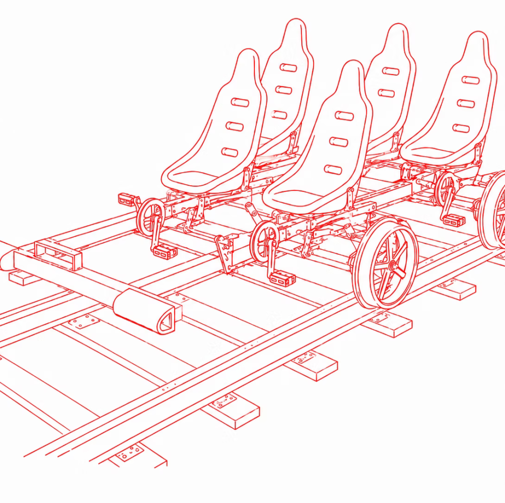 Red outline of a four-seat amusement ride on tracks.